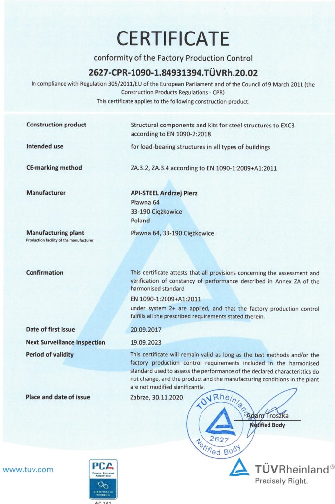 Certificate conformity of the Factory Production Control